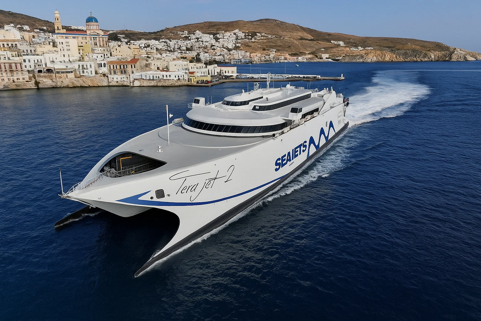 Sea Jet στο λιμάνι της Σύρου αναχωρεί για Μύκονο